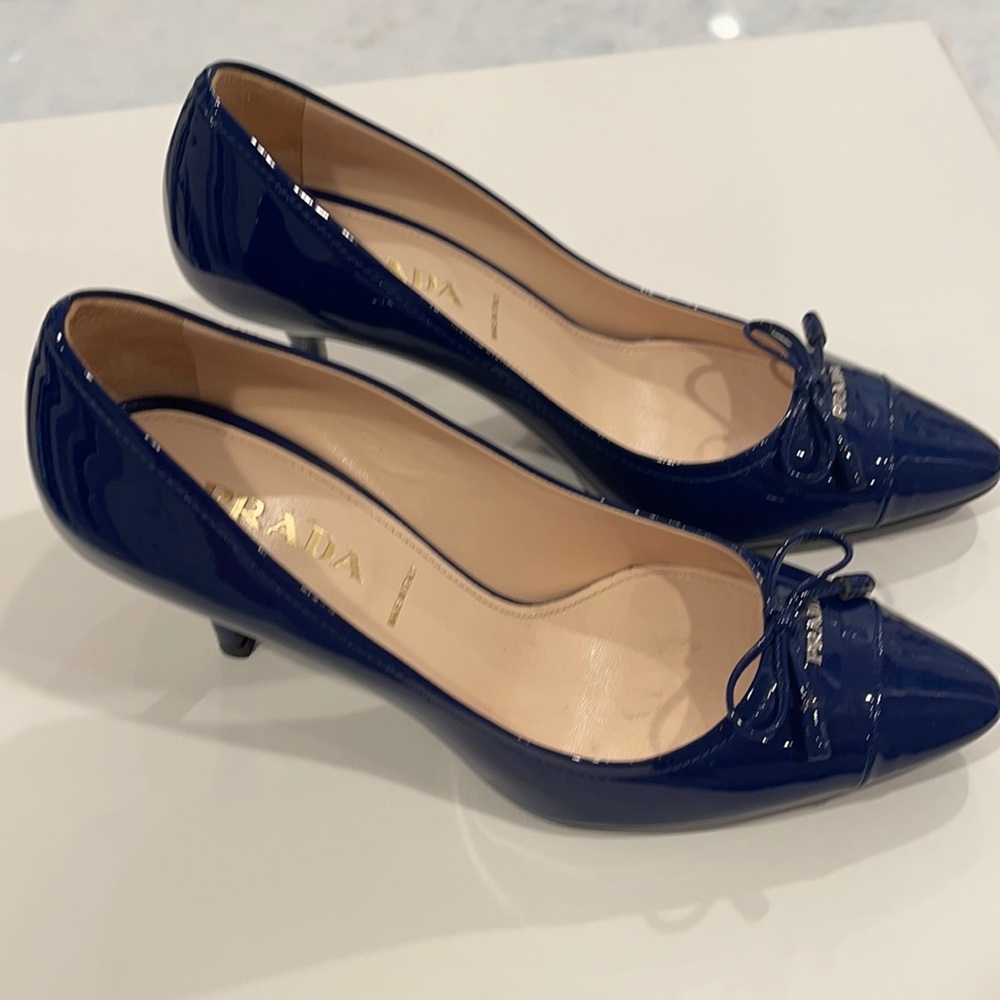 Prada dark royal blue size 36 1/2 heel: 2 1/4”